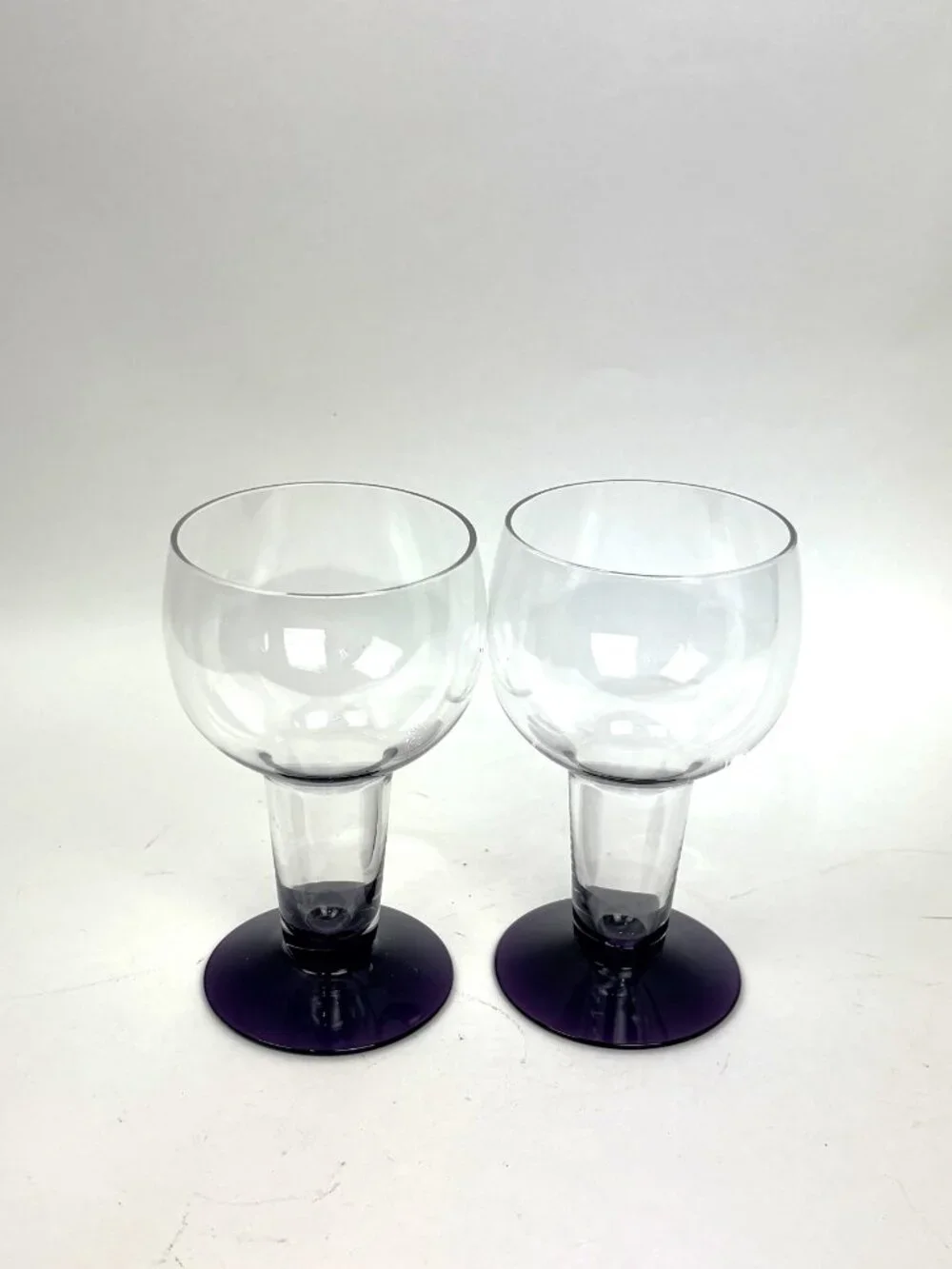 Vintage Clear Glass Hollow Stem Goblets Amethyst Purple Base - Set of 2